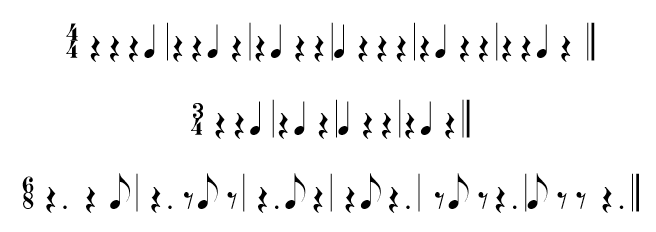 3 different music examples in 3 different time signatures